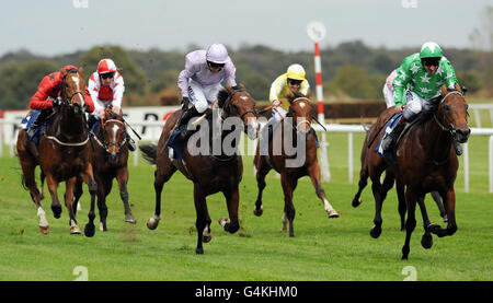 Brimstone Hill von Michael Hills (rechts) schlägt Red Alpha von Paul Hanagan (Mitte), um beim Racing Post Trophy Flat Meeting auf der Doncaster Racecourse, Yorkshire, den Earl of Doncaster Hotel Nursery Handicap Stakes zu gewinnen. Stockfoto