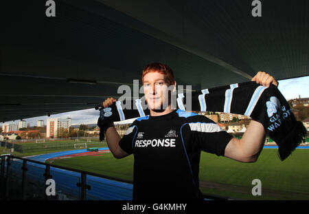 Rugby Union - Glasgow Warriors Pressekonferenz - Scotstoun Stadium. Robert Harley von Glasgow Warrior feiert die Unterzeichnung seines neuen Vertrags während der Pressekonferenz im Scotstoun Stadium, Glasgow. Stockfoto