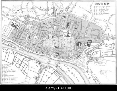 SEINE-MARITIME: Seine-Inférieure. Rouen Stadt Stadtplan, 1835 Antike Landkarte Stockfoto