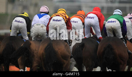 Pferderennen - John Smith's Raceday - Sedgefield Racecourse. Kayf Commander, der von John Kington (Dritter links) auf dem Weg zum Sieg beim „No Nonsense Handicap Hurdle Race“ von John Smith gefahren wird Stockfoto