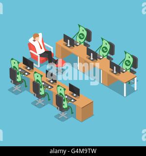 Isometrische Geschäftsmann ließ sein Geld für ihn, finanzielle Anlagekonzept arbeiten Stock Vektor