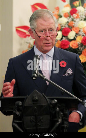 Der Prinz von Wales hält am zweiten Tag einer viertägigen Tour durch das Land eine Rede beim Staatsessen des Präsidenten von Tansania im Staatshaus dar es Salaam, Tansania, Afrika. Stockfoto