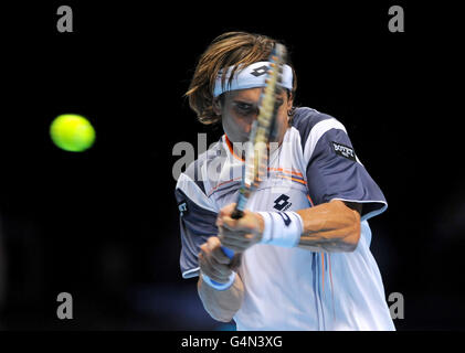 Der Spanier David Ferrer im Einsatz gegen den serbischen Novak Djokovic beim Barclays ATP World Tour Finale in der O2 Arena in London. Stockfoto