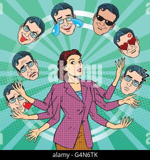 Retro-Frau jongliert die Emotionen der Menschen Stock Vektor