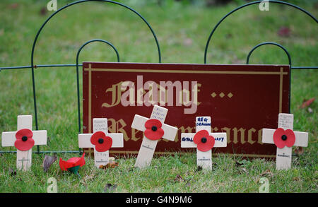 Mohnblumen und Kreuze im Bereich der Erinnerung neben dem Kriegsdenkmal in der All Saints Church, Northampton am Waffenstillstandstag. Stockfoto