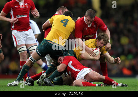 Der Australier David Pocock wird während des Internationalen Spiels im Millennium Stadium in Cardiff von Gethin Jenkins und Huw Bennett aus Wales angegangen. Stockfoto