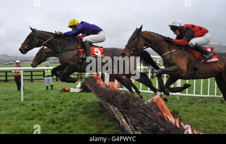 Lord Windermere unter Tom Doyle (links) gewinnt den I.N.H. Hengstbesitzer E.B.F. Novizen-Hürde während des John Durkan Memorial Chase Day auf der Pferderennbahn von Punchestown, Naas. Stockfoto