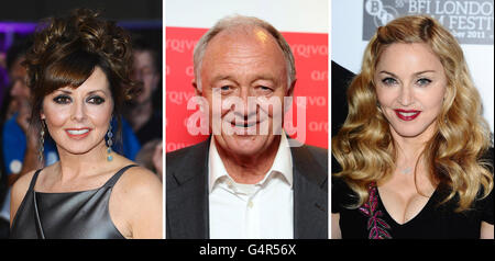 Undatierte Dateifotos von (von links nach rechts) Carol Vorderman, Ken Livingston und Madonna. Stockfoto