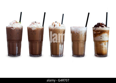 Fünf verschiedene Arten von Eiskaffee isoliert auf weißem Hintergrund, Fotoarchiv Stockfoto