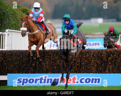 Pferderennen - Tingle Creek Christmas Festival - Erster Tag - Sandown Park. Jockey Padddy Brennan auf Lexicon Lad (l) und Richard Johnson auf der Trafalgar Road (r) während der Handicap Chase von Newcourt-Novizen Stockfoto