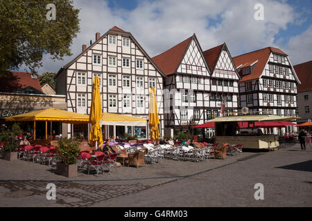 Fachwerkhäuser und ein Hotel Zum wilden Mann in Soest, Sauerland, Nordrhein-Westfalen, Markt-Quadrat, PublicGround Stockfoto