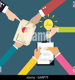Austausch Geschäftsideen Brainstorming Hände am Tisch macht Notizen Austausch Diagramm und Glühbirne Stock Vektor