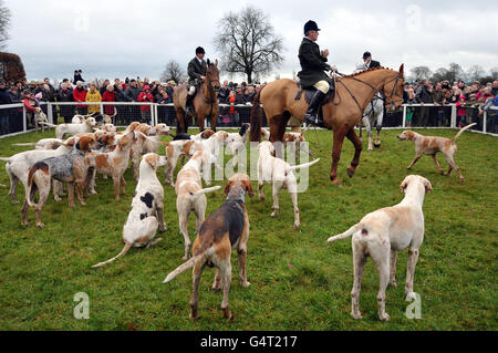 Die Beaufort-Jagd am zweiten Weihnachtsfeiertag trifft sich in der Worcester Lodge, Gloucestershire. Stockfoto