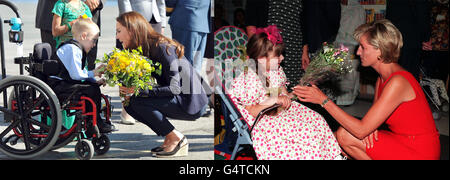 Kate und Diana erhalten Blumen von Kindern (links) die Herzogin von Cambridge spricht am 6. Juli 2007 mit Riley Oldford, 6, auf dem Yellowknife Airport in Kanada (rechts) Diana, Prinzessin von Wales, während ihres Besuchs im Northwick Park Hospital von einem jungen Patienten mit einem Blumenstrauß überreicht, Im Nordwesten Londons am 21. Juli 2007. DIE HERAUSGEBER MERKEN ZWEI Bildmontagen, die Bilder werden separat in Rechnung gestellt. Stockfoto