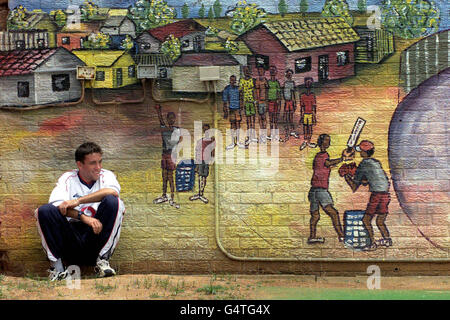 England Bowler Chris Silverwood mit einem farbenfrohen Wandgemälde, das Cricket in Südafrika zeigt, gemalt auf einer Wand am Wanderers Cricket Ground, Johannesburg. * Silverwood, der den verletzten Dean Headley ersetzte, wurde im Team ausgewählt, um während der England Cricket Tour durch Südafrika gegen eine Gauteng Einladung XI in Lenasia zu spielen. Stockfoto