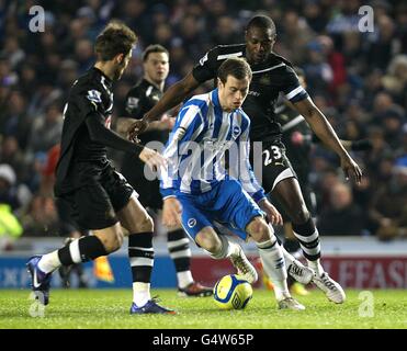 Fußball - FA Cup - vierte Runde - Brighton & Hove Albion / Newcastle United - AMEX Stadium. Ashley Barnes von Brighton & Hove Albion (Mitte) in Aktion, während Shola Ameobi von Newcastle United (rechts) und Yohan Cabaye (links) darauf blicken Stockfoto