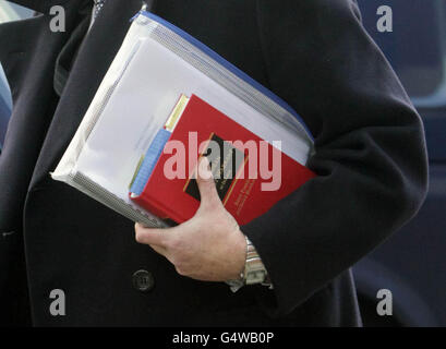 Ian Bailey, der ein Buch trägt, verlässt den Obersten Gerichtshof in Dublin, wo er wegen Vernehmung wegen des Mordes an der Filmemacherin Sophie Toscan du Plantier mit der Auslieferung nach Frankreich konfrontiert wird. Stockfoto