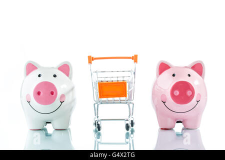 Sparschwein und ein Einkaufswagen isoliert auf weißem Hintergrund Stockfoto