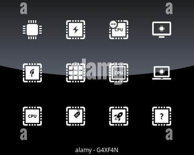 Computer CPU und Mikrochip-Icons auf schwarzem Hintergrund. Stock Vektor