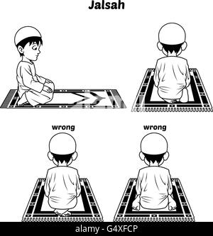 Muslimischen Gebet Position Anleitung Schritt für Schritt durchführen, indem junge sitzt zwischen den beiden niederwerfen und Position der Füße mit falschen Position Umriss Vers Stock Vektor