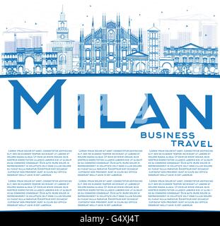 Umriss Milan mit blauen Wahrzeichen und textfreiraum Skyline. Vektor-Illustration. Geschäftsreisen und Tourismus-Konzept Stock Vektor