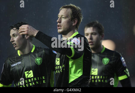 Luciano Becchio von Leeds United feiert den dritten Treffer beim npower Football League Champinoship-Spiel in Ashton Gate, Bristol. Stockfoto