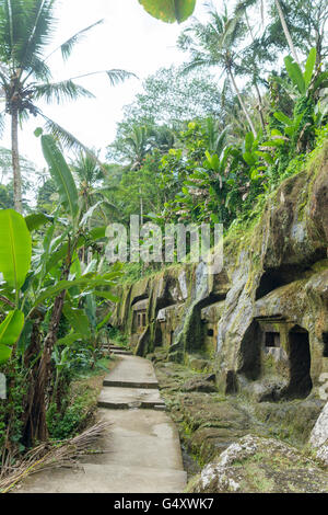 Waldweg im Gunung Kawi, Palmen, Gianyar, Bali, Indonesien Banjar Penaka ist der Name des Dorfes in Tampaksiring, Gunung Kawi Dorf Stockfoto