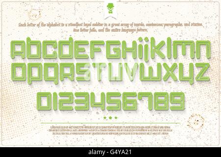 Satz von grünen Umriss Alphabet Buchstaben und Zahlen über Grunge Papierstruktur. Vektor-Font Schriftgestaltung. modernen, kühnen Schriftzug ico Stock Vektor
