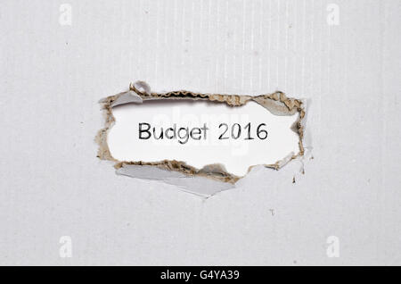 Das Wort budget 2016 erscheint hinter zerrissenes Papier Stockfoto