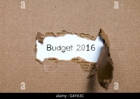 Das Wort budget 2016 erscheint hinter zerrissenes Papier Stockfoto