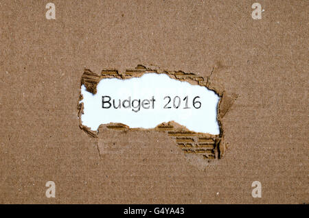 Das Wort budget 2016 erscheint hinter zerrissenes Papier Stockfoto