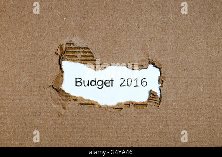 Das Wort budget 2016 erscheint hinter zerrissenes Papier Stockfoto