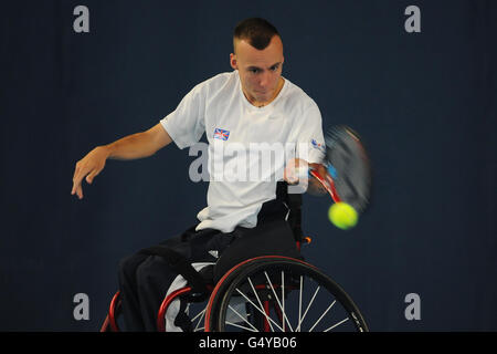 Paralympics - GB-Rollstuhl-Tennis-Fototermin - National Tenniscenter Stockfoto