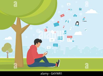 Junger Mann sitzt in den Park und SMS-Nachrichten mit smartphone Stock Vektor