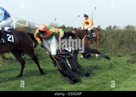 Toni's Tipp von Adrian Maguire geritten fällt am ersten Zaun während der John Hughes Trophy Steeplechase in Aintree. Die Zahl der Todesopfer beim diesjährigen Martell Grand National Meeting stieg auf fünf, als Toni's Tip sofort starb, nachdem er Rückenmarksverletzungen durch den Sturz erlitten hatte. Stockfoto