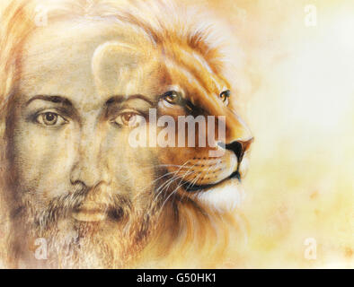 Gemälde von Jesus mit einem Löwen, auf schönen bunten Hintergrund, Blickkontakt und Lion Profilbildnis Stockfoto