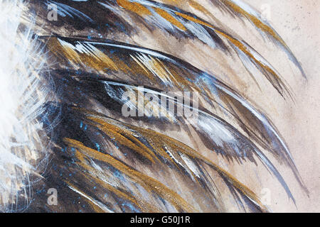 Original Gemälde, schwarze Federn mit Gold und Silber Glitzer Effekt. Stockfoto