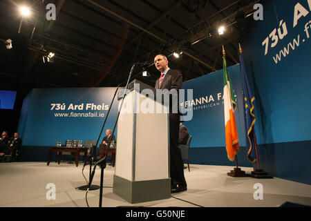 Fianna Fail Leader Micheal Martin eröffnet die Fianna Fail ARD Fheis bei der RDS (Royal Dublin Society) in Dublin. Stockfoto