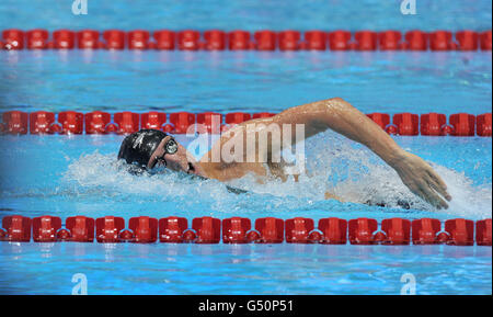 Robbie Renwick in Aktion während der Vorläufe für die 400-m-Freistil der Männer während der British Swimming Championships im Aquatics Centre im Olympic Park, London. Stockfoto