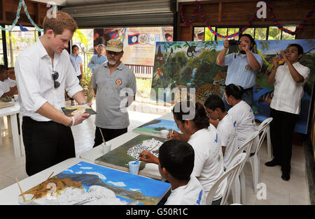 Prinz Harry tourte am zweiten Tag seiner 10-tägigen Tour nach Belize, Bahamas, Jamaika und Brasilien durch die Kunstschule der OAS (Organisation amerikanischer Staaten) in der Nachbarschaftszone an der Grenze zwischen Belize und Guatemala. Stockfoto