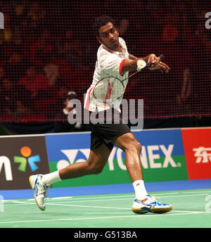 Der englische Rajiv Ouseph im Einsatz gegen den malaysischen Daren Liew während der Yonex All England Badminton Championships in der National Indoor Arena in Birmingham. Stockfoto