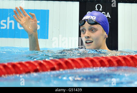 Fran Halsall, nachdem sie ihre Hitze der 50 m Freistil der Frauen während der British Gas Swimming Championships im Aquatics Centre im Olympic Park, London, gewonnen hatte. Stockfoto