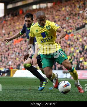 Simeon Jackson (rechts) von Norwich City und Antolin Alcaraz von Wigan Athletic Kampf um den Ball Stockfoto