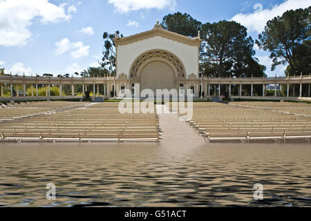 Sitzgelegenheiten im Freien an der Spreckles Orgel Pavillon im Balboa Park, San Diego CA uns, nachdem die Gletscher von globaler Erwärmung T Schmelzen Stockfoto