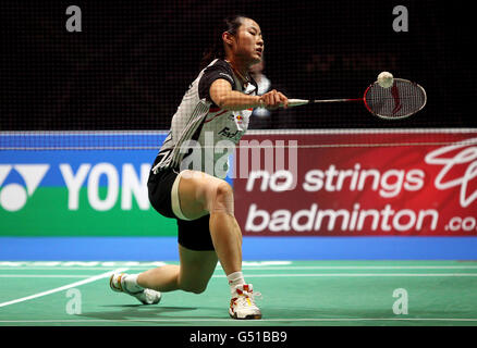 Der chinesische Yihan Wang während der Yonex All England Badminton Championships in der National Indoor Arena in Birmingham. Stockfoto