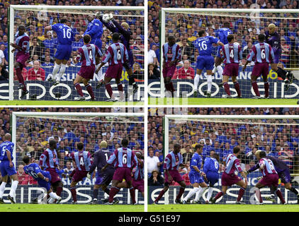 (Start oben links und dann im Uhrzeigersinn) EINE Folge von Fotos, die Chelseas Tor gegen das Aston VillaFA Cup Finale in Wembley zeigen, erzielt von Roberto Di Matteo. * Bild 1 - Aston Villa Torwart David James fummelt Kreuz. Bild 2 - der gefummelte Ball trifft den Verteidiger der Villa und Kapitän Gareth Southgate. Bild 3 Spieler von beiden Seiten kriechen um den losen Ball. Bild 4 Di Matteo zerschmettert den Ball aus der sechs-Yard-Box in das Netz, um das Siegtor für Chelsea zu erzielen. Stockfoto