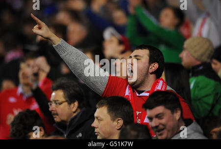 Fußball - npower Football League Championship - Derby County / Nottingham Forest - Pride Park. Ein Nottingham Forest-Fan zeigt seine Unterstützung während des npower Football League Championship-Spiels im Pride Park, Derby. Stockfoto