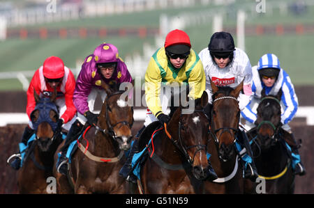 Pferderennen - 2012 Cheltenham Festival - Tag Zwei - Cheltenham Rennbahn. Sizing Europe mit Andrew Lynch führt das Spiel während der Queen Mother Champion Chase sportingbet.com an Stockfoto