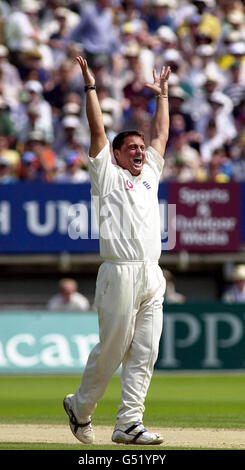 Darren Gough aus England feiert, als er die Franklyn Rose von West Indies für 48 während des dritten Spieltages im ersten Test in Edgbaston, Birmingham, bowlen lässt. Stockfoto