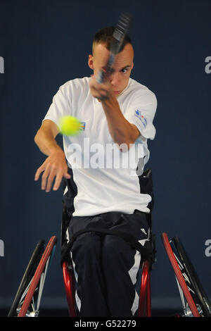 Paralympics - GB-Rollstuhl-Tennis-Fototermin - National Tenniscenter Stockfoto